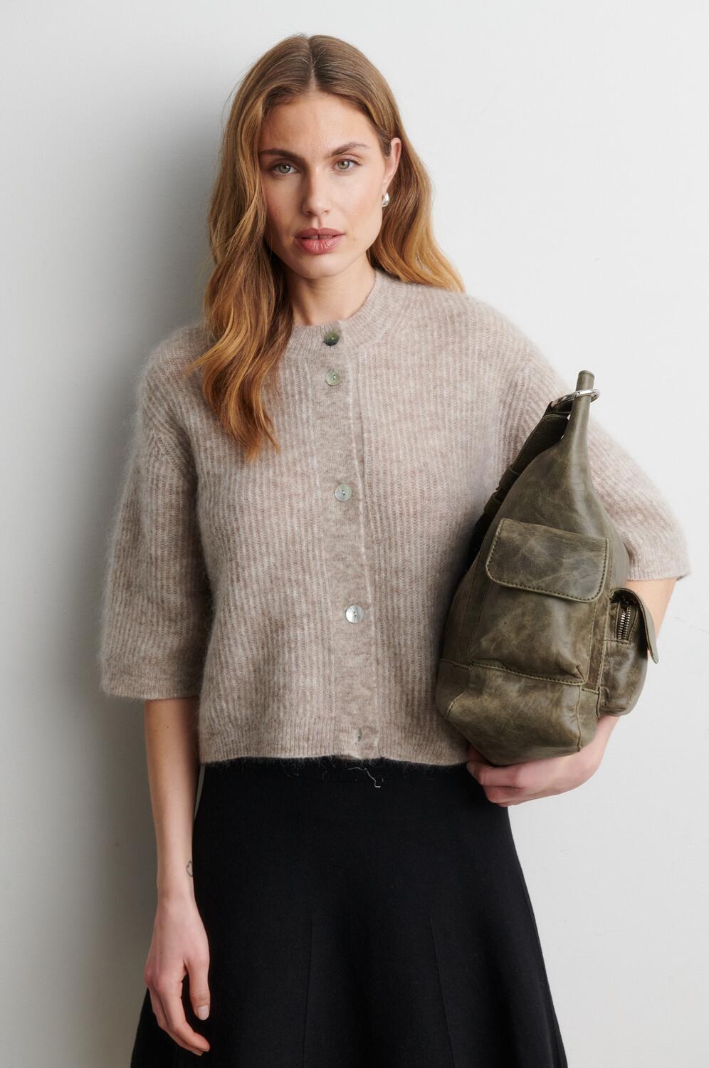 Andrea kortærmet cardigan - Light Beige Melange